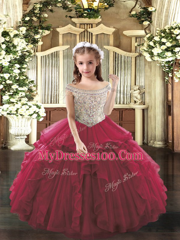 Gorgeous Fuchsia Organza Lace Up Off The Shoulder Sleeveless Floor Length Kids Pageant Dress Beading and Ruffles