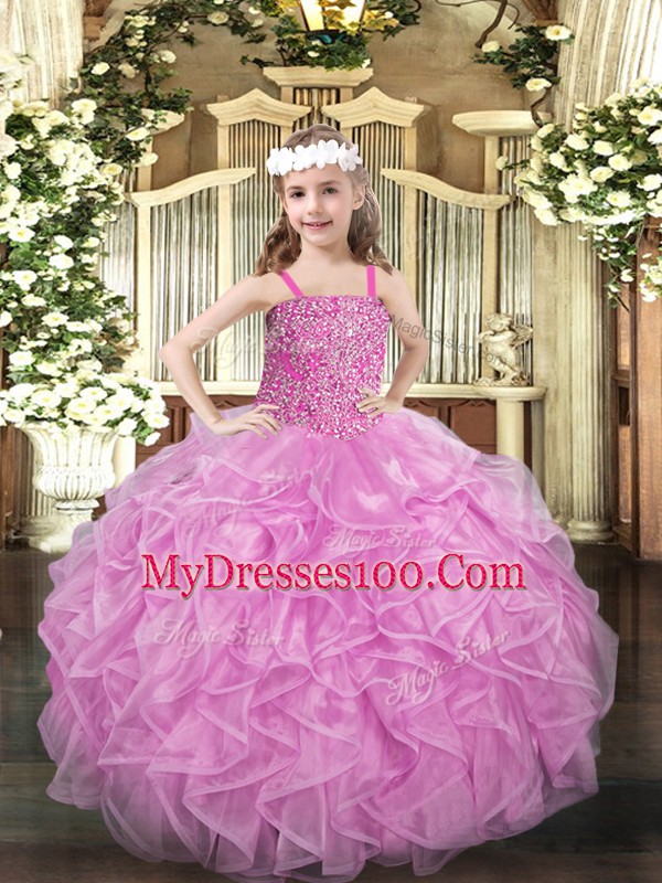 Rose Pink Straps Lace Up Beading and Ruffles Child Pageant Dress Sleeveless
