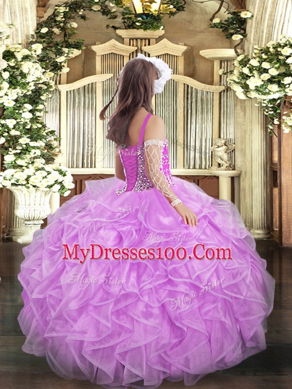 Rose Pink Straps Lace Up Beading and Ruffles Child Pageant Dress Sleeveless