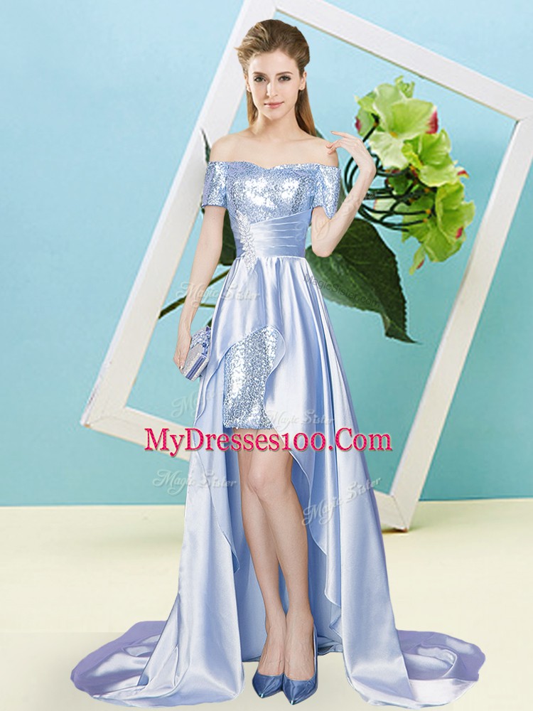 Lavender Elastic Woven Satin and Sequined Lace Up Off The Shoulder Short Sleeves High Low Sequins