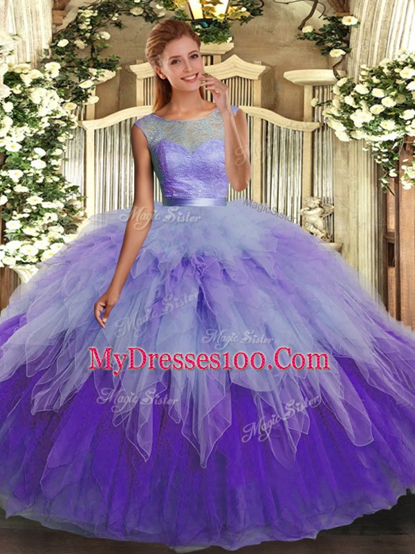 Multi-color Backless Quince Ball Gowns Lace and Ruffles Sleeveless Floor Length