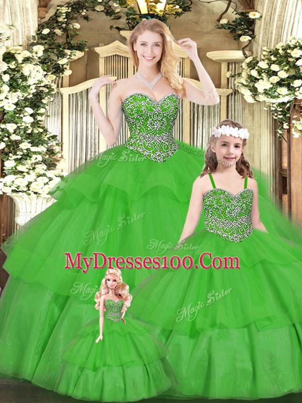 Cheap Green Sweetheart Neckline Beading and Ruffled Layers Sweet 16 Dresses Sleeveless Lace Up