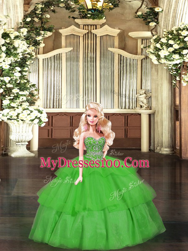 Cheap Green Sweetheart Neckline Beading and Ruffled Layers Sweet 16 Dresses Sleeveless Lace Up