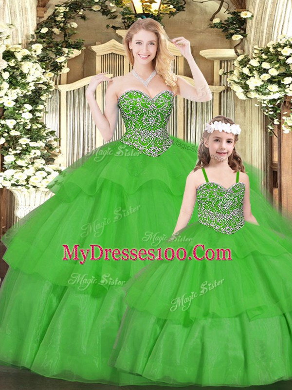 Cheap Green Sweetheart Neckline Beading and Ruffled Layers Sweet 16 Dresses Sleeveless Lace Up
