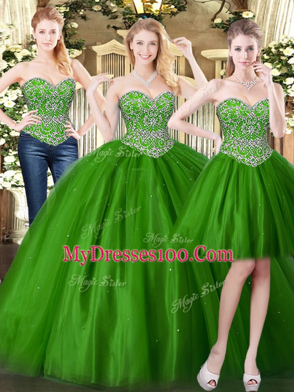 Ball Gowns Sweet 16 Dresses Dark Green Sweetheart Tulle Sleeveless Floor Length Lace Up