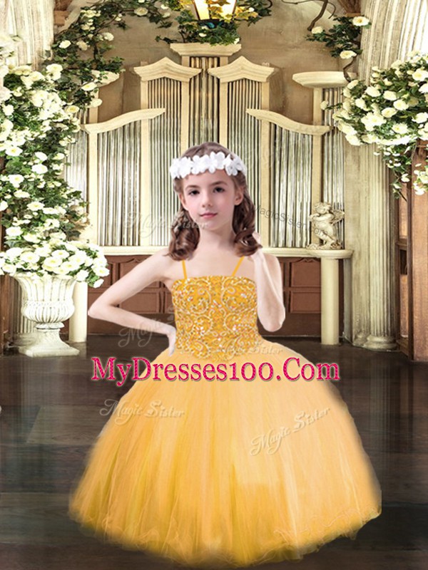 Best Orange Lace Up Spaghetti Straps Beading Pageant Dress for Womens Tulle Sleeveless