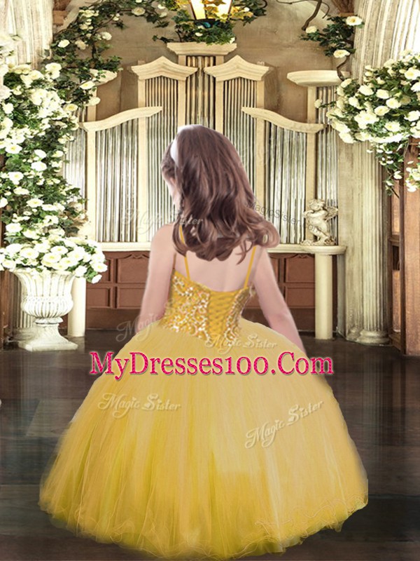 Best Orange Lace Up Spaghetti Straps Beading Pageant Dress for Womens Tulle Sleeveless