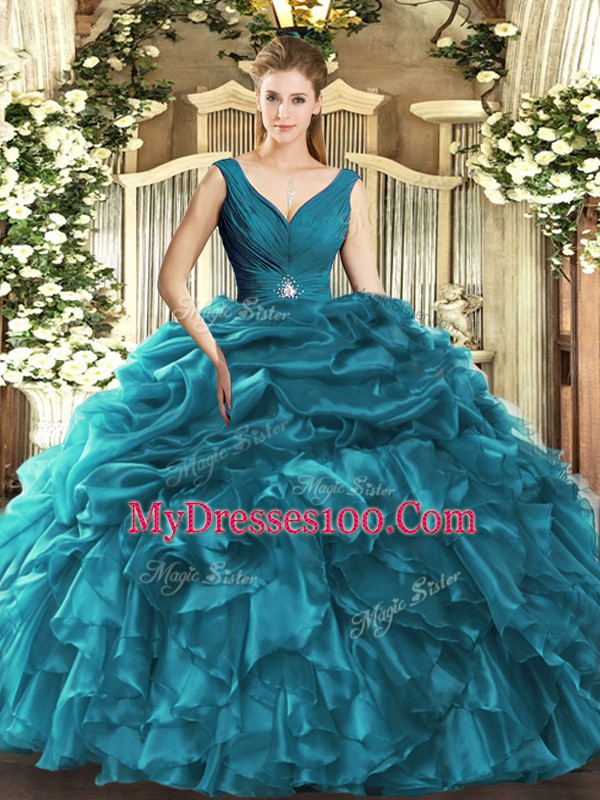 Simple Floor Length Teal Quinceanera Gown Organza Sleeveless Beading and Ruffles