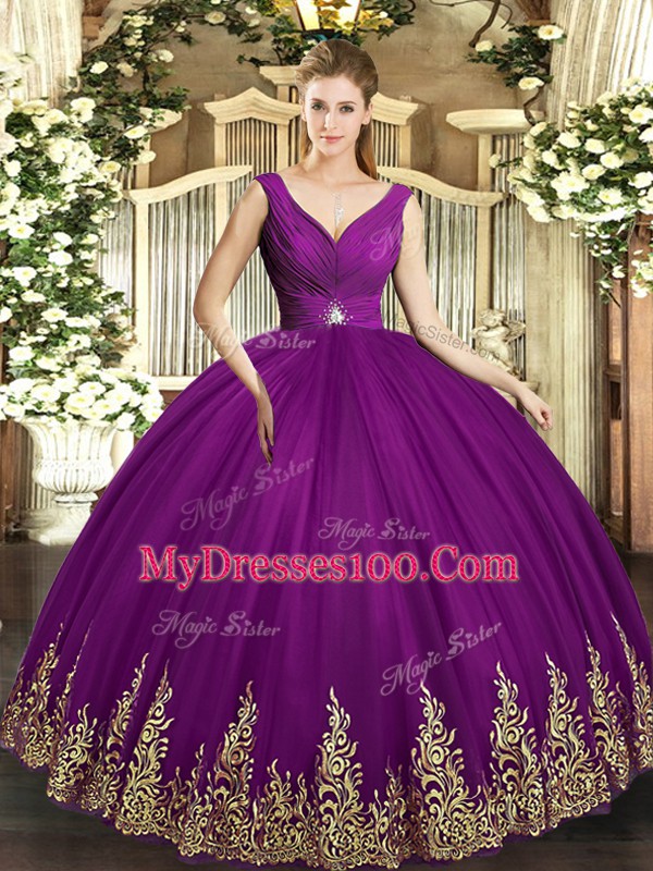 Sweet Eggplant Purple Backless Vestidos de Quinceanera Beading and Appliques and Ruching Sleeveless Floor Length