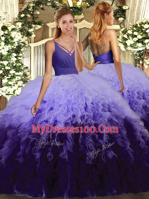 Ball Gowns Ball Gown Prom Dress Multi-color V-neck Tulle Sleeveless Floor Length Lace Up