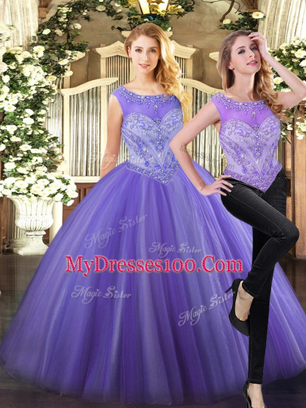 Tulle Scoop Sleeveless Zipper Beading Sweet 16 Dresses in Lavender