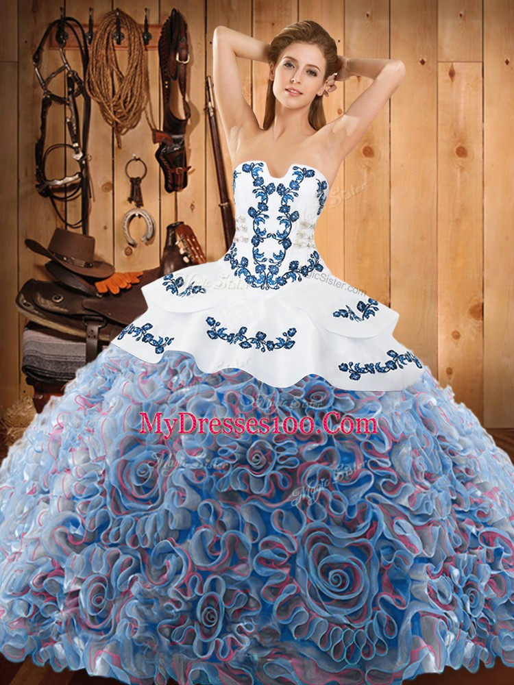 Dazzling Strapless Sleeveless Sweep Train Lace Up Quinceanera Dresses Multi-color Satin and Fabric With Rolling Flowers