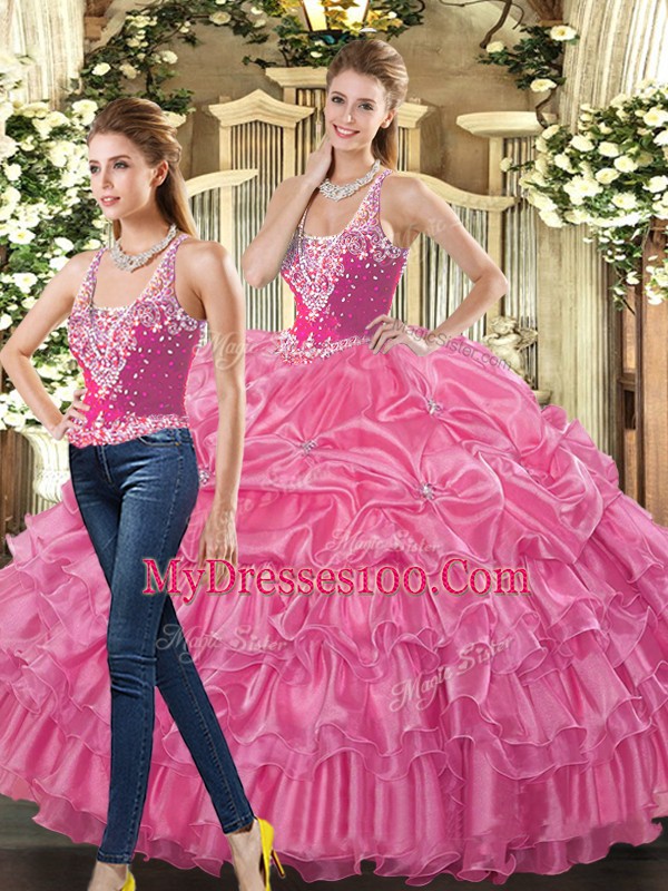Hot Pink Ball Gowns Straps Sleeveless Tulle Floor Length Lace Up Beading and Ruffles and Pick Ups Quinceanera Gowns