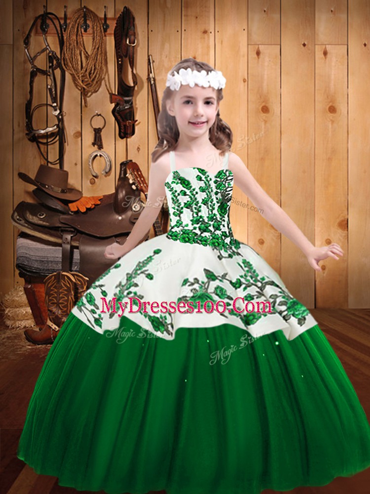 Dark Green Sleeveless Embroidery Floor Length Custom Made Pageant Dress