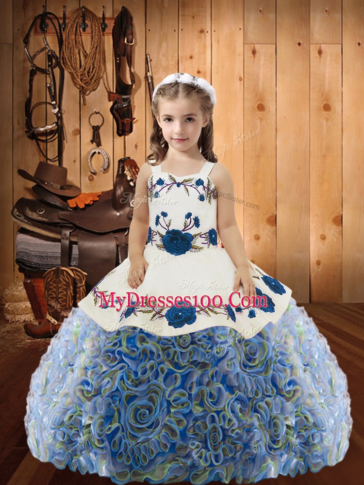 Multi-color Fabric With Rolling Flowers Lace Up Straps Sleeveless Floor Length Kids Formal Wear Embroidery and Ruffles