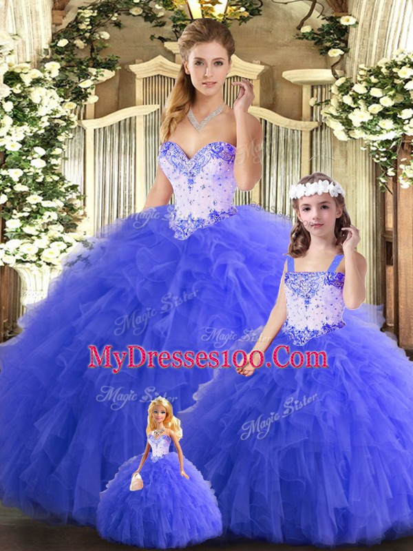 Discount Floor Length Blue Sweet 16 Dresses Tulle Sleeveless Beading and Ruffles