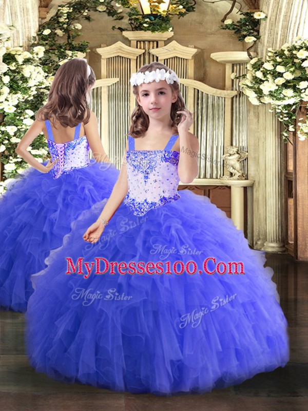Discount Floor Length Blue Sweet 16 Dresses Tulle Sleeveless Beading and Ruffles