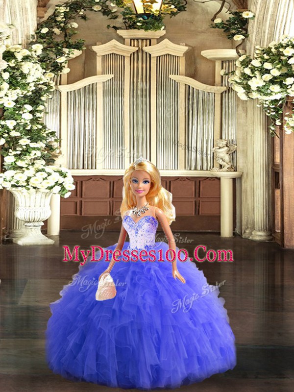 Discount Floor Length Blue Sweet 16 Dresses Tulle Sleeveless Beading and Ruffles