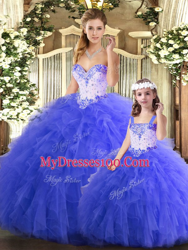 Discount Floor Length Blue Sweet 16 Dresses Tulle Sleeveless Beading and Ruffles