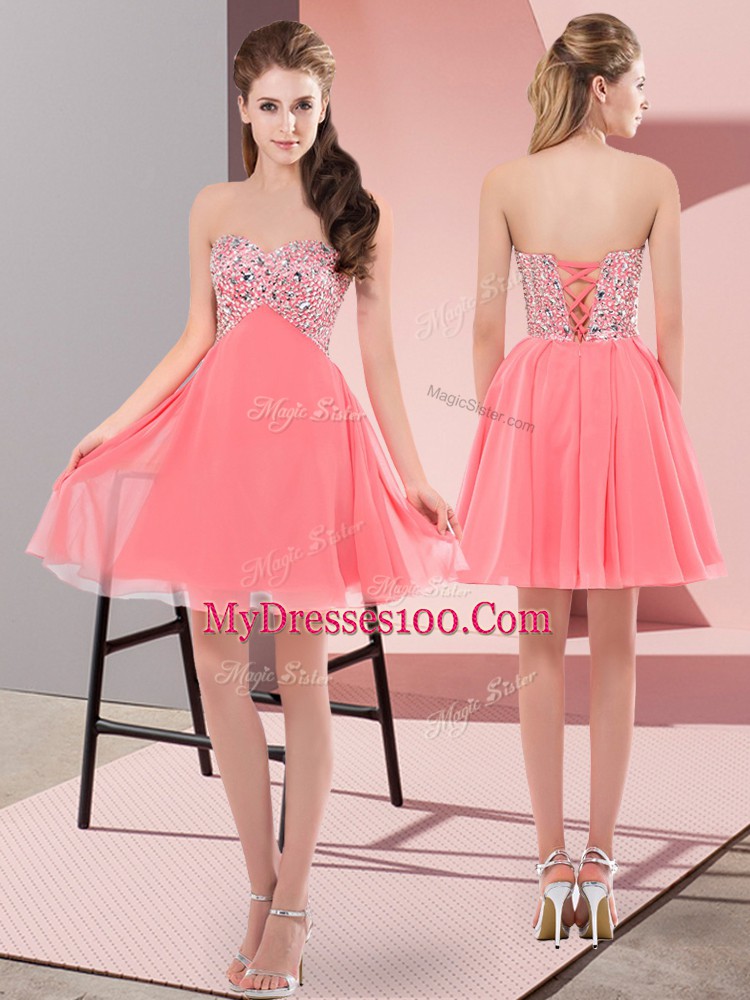 Watermelon Red Empire Chiffon Sweetheart Sleeveless Beading Mini Length Lace Up Homecoming Dresses