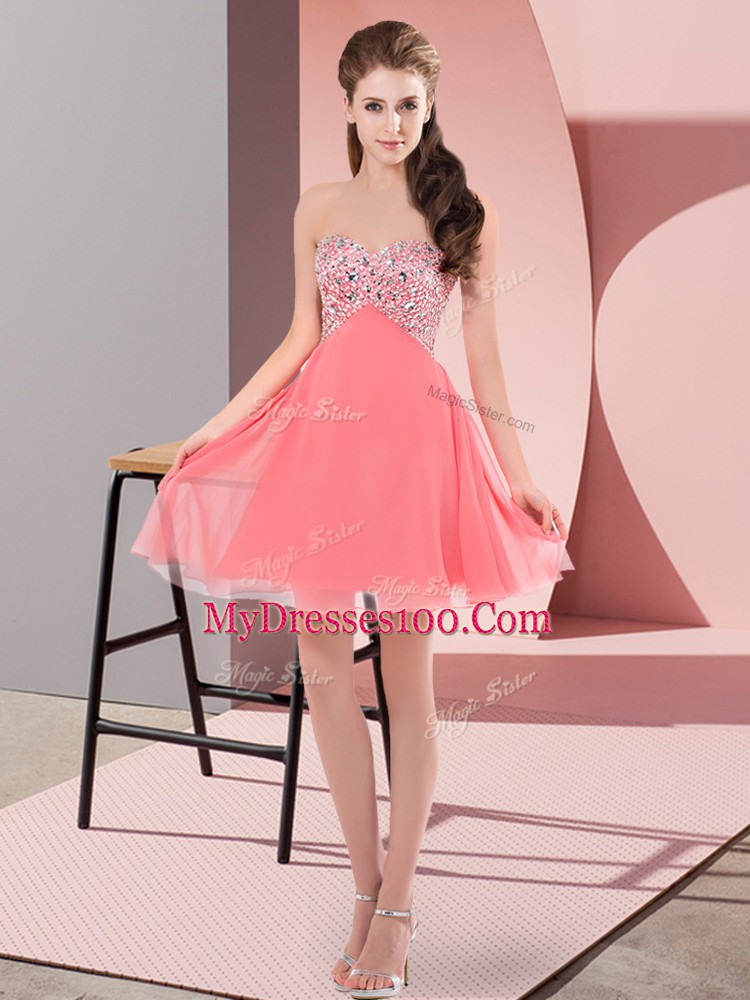 Watermelon Red Empire Chiffon Sweetheart Sleeveless Beading Mini Length Lace Up Homecoming Dresses