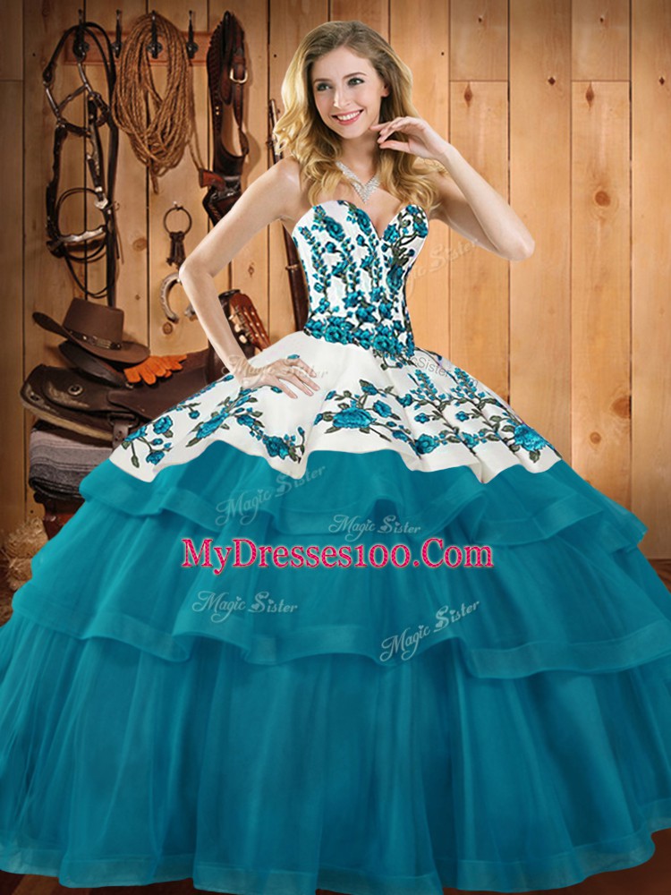 Teal Sleeveless Sweep Train Embroidery Vestidos de Quinceanera
