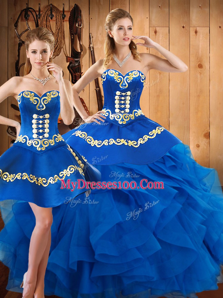 Blue Quinceanera Dress Military Ball and Sweet 16 and Quinceanera with Embroidery and Ruffles Sweetheart Sleeveless Lace Up