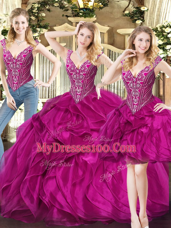 Pretty Floor Length Fuchsia Sweet 16 Quinceanera Dress V-neck Sleeveless Lace Up