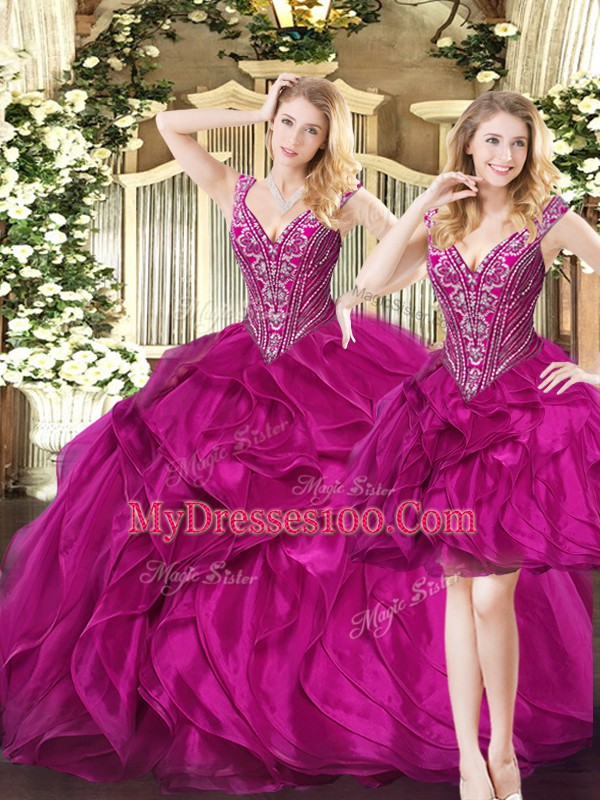 Pretty Floor Length Fuchsia Sweet 16 Quinceanera Dress V-neck Sleeveless Lace Up