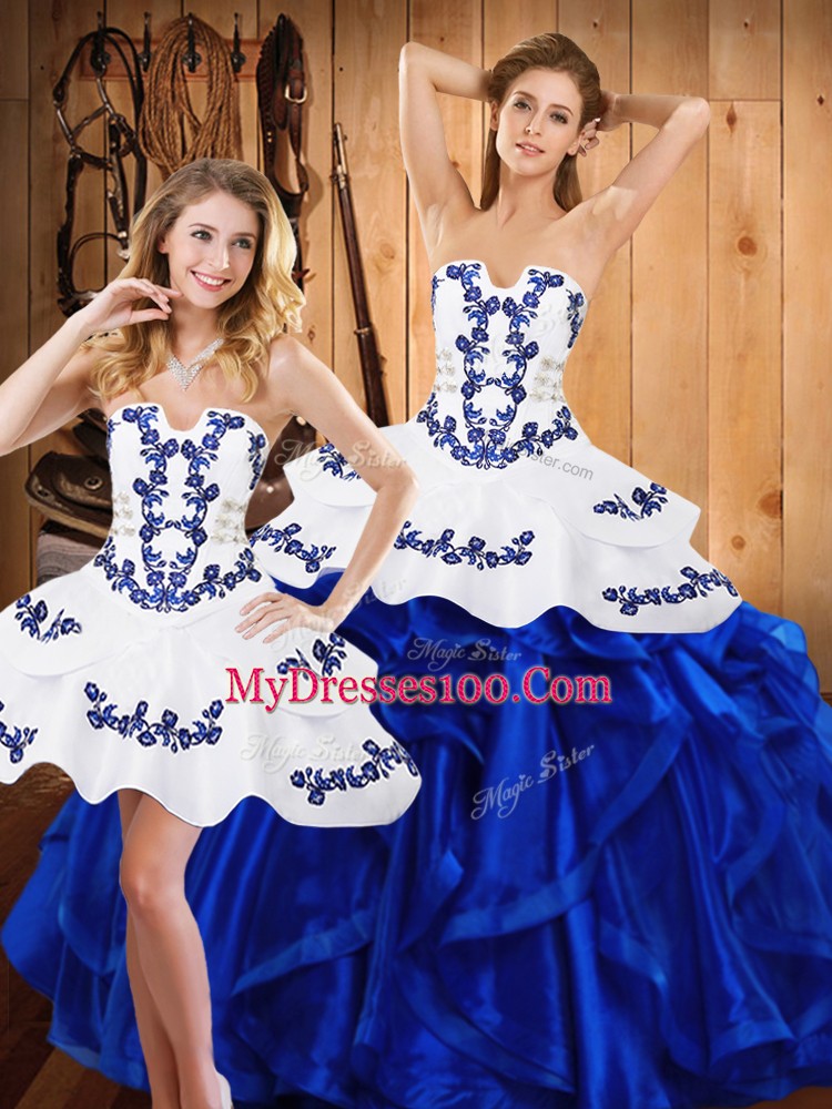 Simple Blue Strapless Lace Up Embroidery and Ruffles Quinceanera Dresses Sleeveless