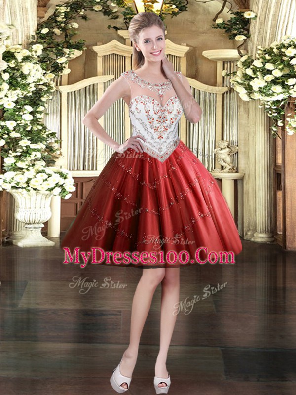 Wine Red Ball Gowns Beading Dress for Prom Zipper Tulle Sleeveless Mini Length