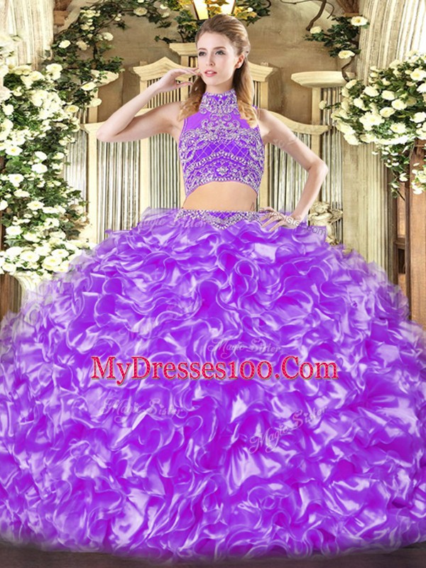 Lavender High-neck Neckline Beading and Ruffles Quinceanera Gowns Sleeveless Backless