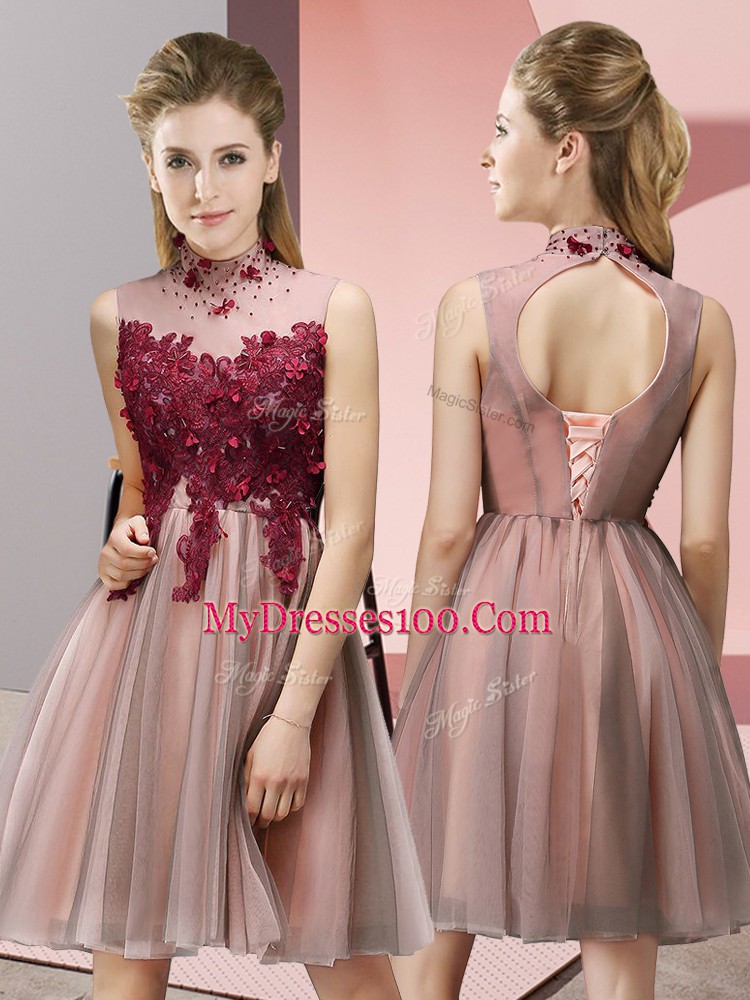 Peach Empire Appliques Bridesmaid Gown Lace Up Tulle Sleeveless Knee Length