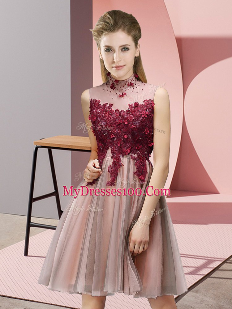Peach Empire Appliques Bridesmaid Gown Lace Up Tulle Sleeveless Knee Length