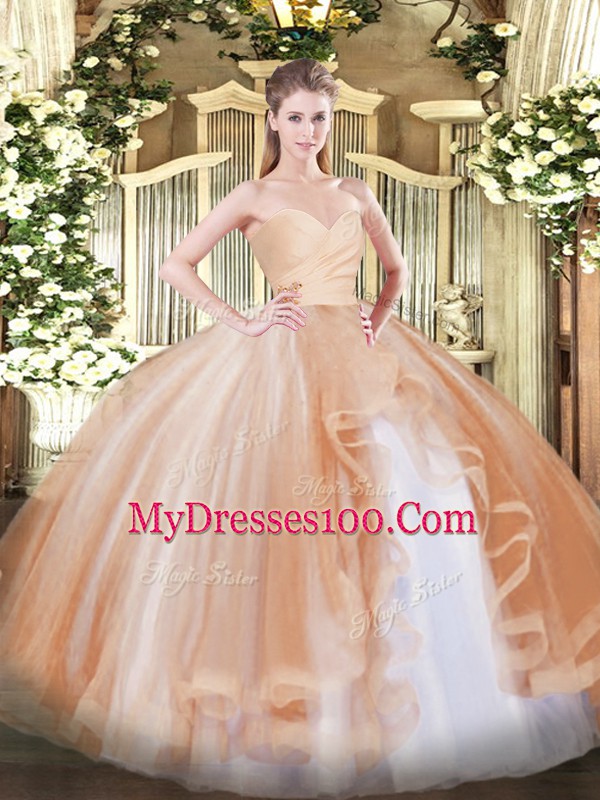 Sweetheart Sleeveless Sweet 16 Dresses Floor Length Ruffles Champagne Tulle