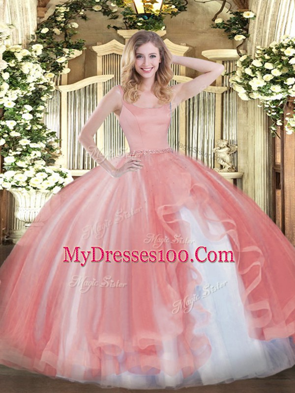 Classical Sleeveless Tulle Floor Length Zipper 15 Quinceanera Dress in Coral Red with Beading