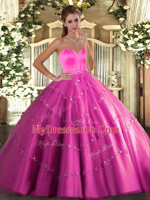 Glittering Hot Pink Lace Up Sweetheart Beading and Appliques 15 Quinceanera Dress Tulle Sleeveless
