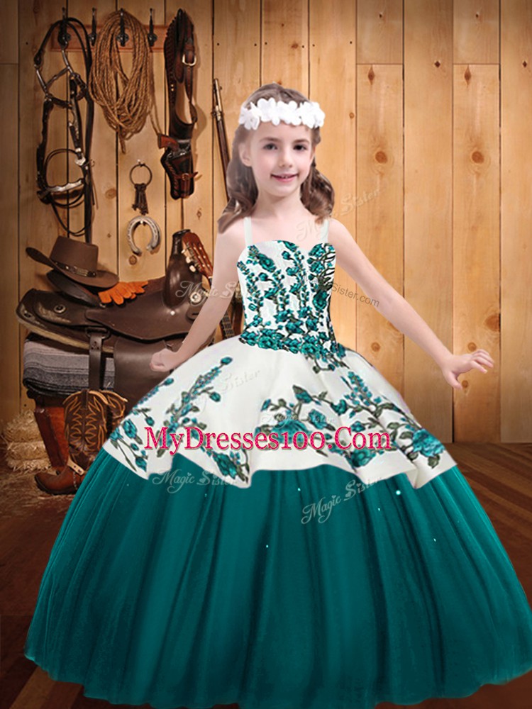 Teal Sleeveless Tulle Lace Up Girls Pageant Dresses for Sweet 16 and Quinceanera and Wedding Party