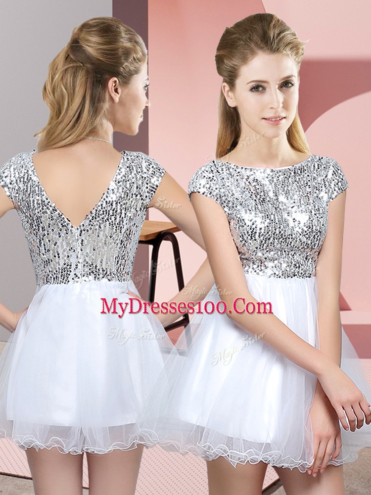 Fitting White Cap Sleeves Sequins Mini Length Wedding Guest Dresses