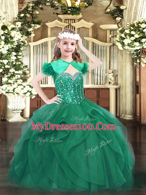 Attractive Floor Length Ball Gowns Sleeveless Dark Green Child Pageant Dress Lace Up