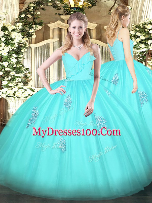 Tulle Spaghetti Straps Sleeveless Zipper Appliques Sweet 16 Dresses in Aqua Blue