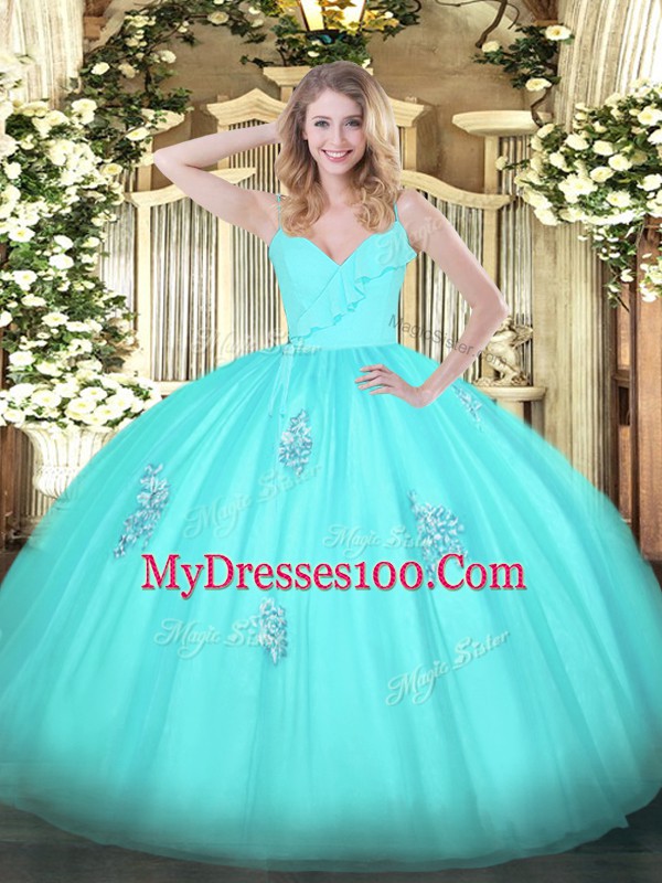 Tulle Spaghetti Straps Sleeveless Zipper Appliques Sweet 16 Dresses in Aqua Blue