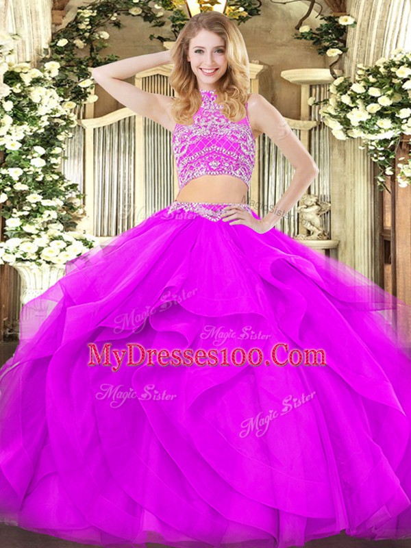 Enchanting Two Pieces Quinceanera Gowns Purple High-neck Tulle Sleeveless Floor Length Backless