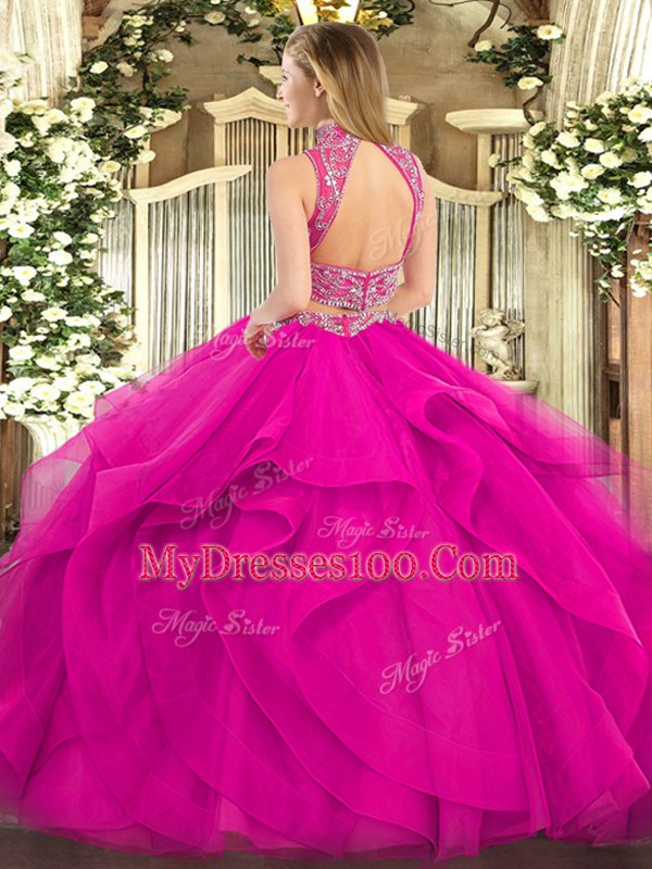 Enchanting Two Pieces Quinceanera Gowns Purple High-neck Tulle Sleeveless Floor Length Backless