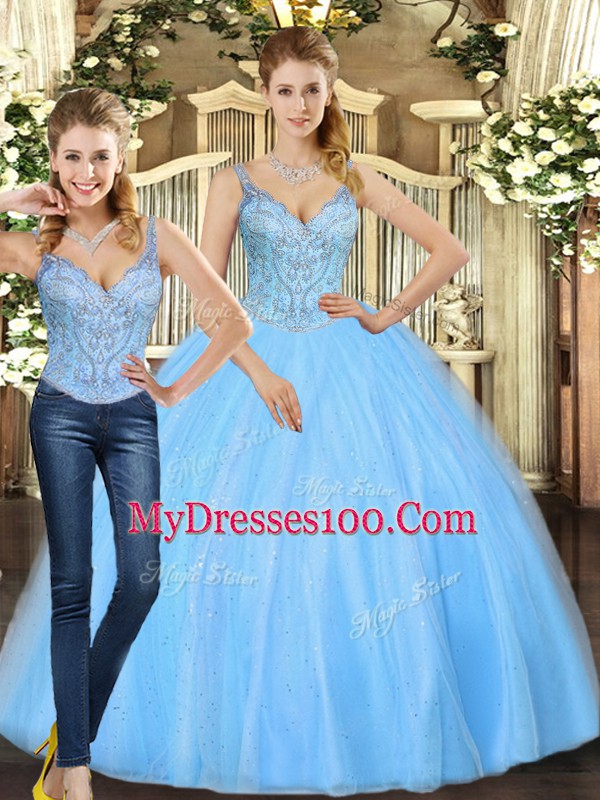 Baby Blue Lace Up Ball Gown Prom Dress Beading Sleeveless Floor Length