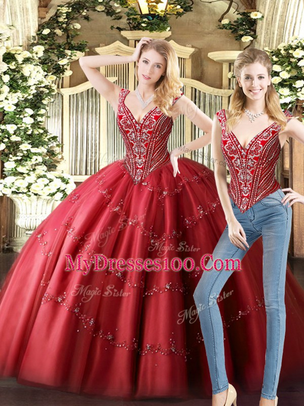 Captivating Sleeveless Tulle Floor Length Lace Up Ball Gown Prom Dress in Wine Red with Beading