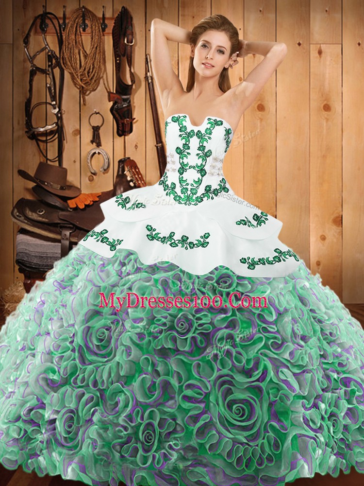 Sleeveless With Train Embroidery Lace Up Quince Ball Gowns with Multi-color Sweep Train