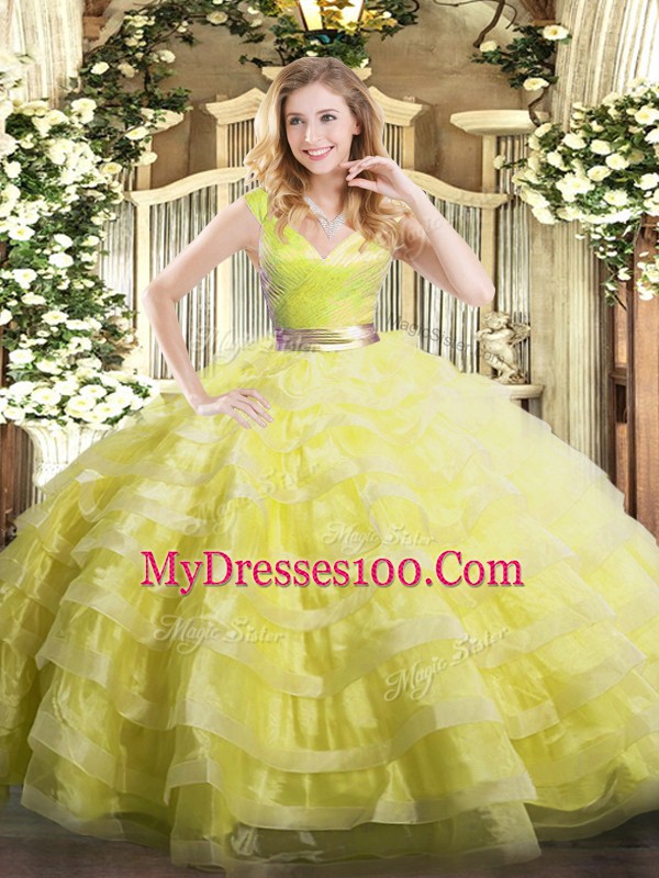 Floor Length Yellow Green 15 Quinceanera Dress V-neck Sleeveless Zipper