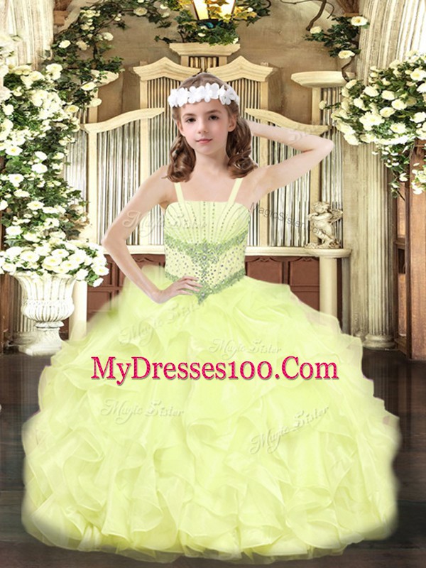 New Style Yellow Little Girls Pageant Dress Party and Quinceanera with Beading and Ruffles Straps Sleeveless Lace Up