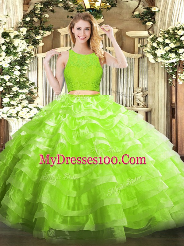 Scoop Sleeveless Zipper Quinceanera Gown Yellow Green Organza